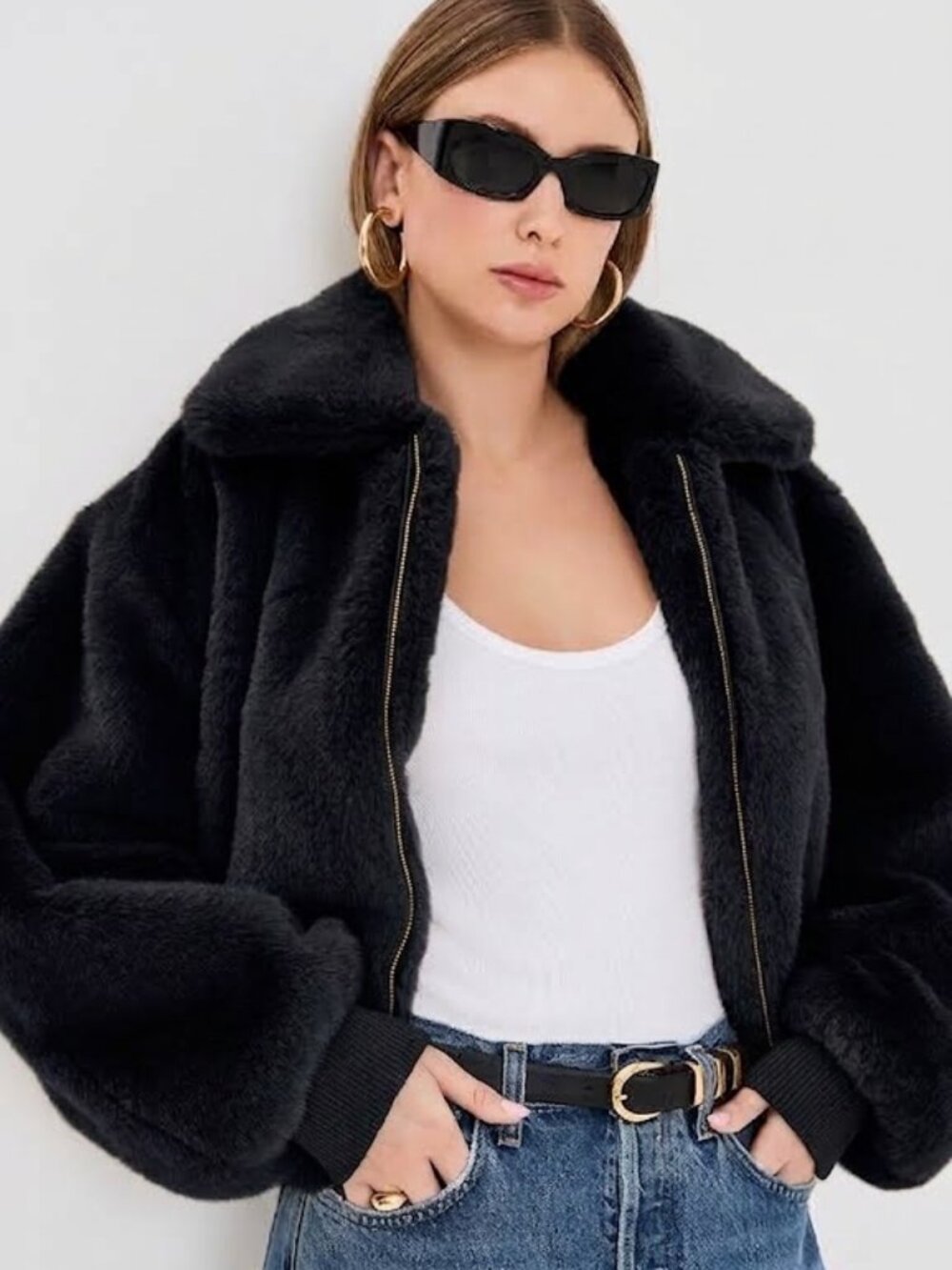 Good American Faux Fur Collared Coat/Jacket Black Size XS NWT $ 268